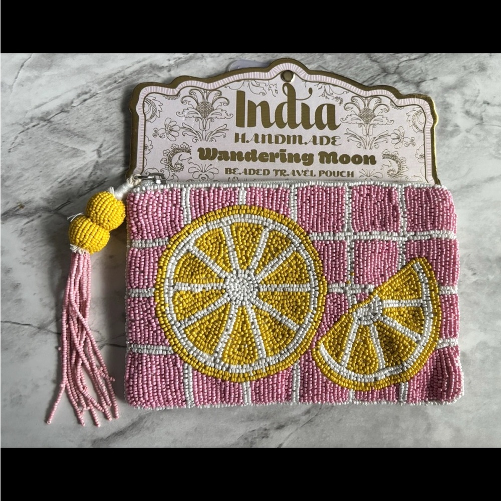 NWT Wandering Moon India Handmade Beaded Pink Lemon Travel Pouch Bag Viral
